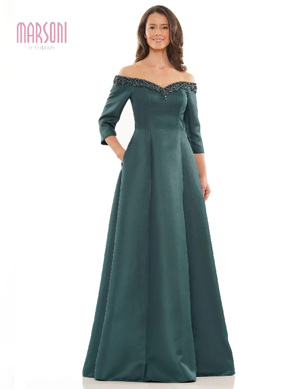 Maternity dress for a baby's first visit to the fair Marsoni Long Off Shoulder Beaded Formal Gown 1177