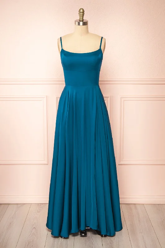 Mini dresses with criss - cross backs for a flirty look Darcy Royal Blue | Maxi Satin Dress w/ Slit