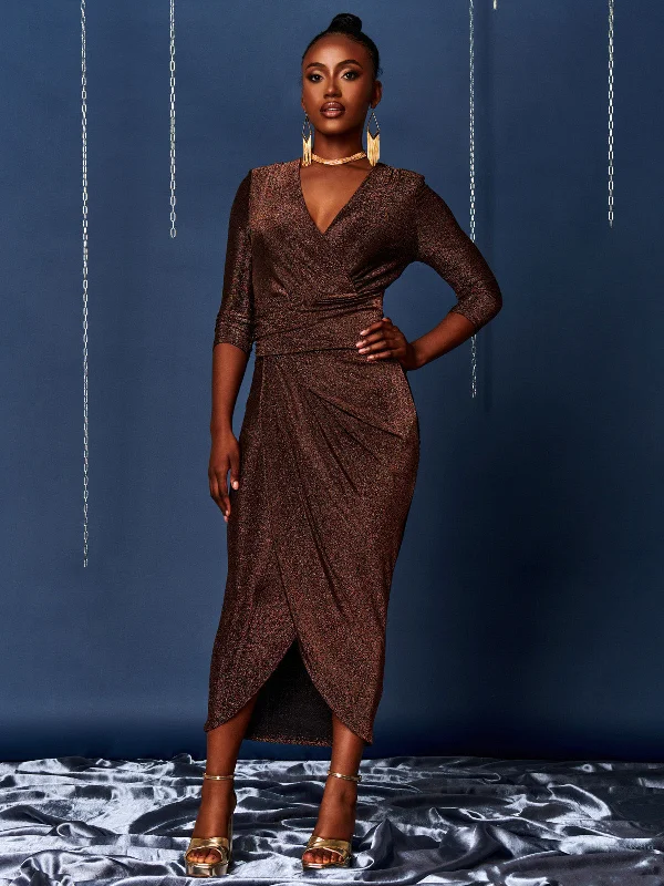 Midi dresses with V - necklines for a flattering and elongating effect Wrap Sparkly Maxi Bodycon Dress, Bronze Midi dresses with V - necklines for a flattering and elongating effect Wrap Sparkly Maxi Bodycon Dress, Bronze