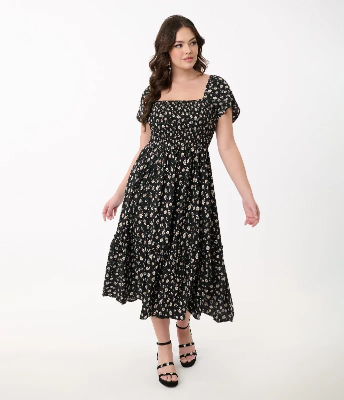 Everyday Dress with Organic Cotton for Eco - conscious Consumers​ Unique Vintage 1960s Black & White Ditsy Floral Smocked Bodice Midi Dress