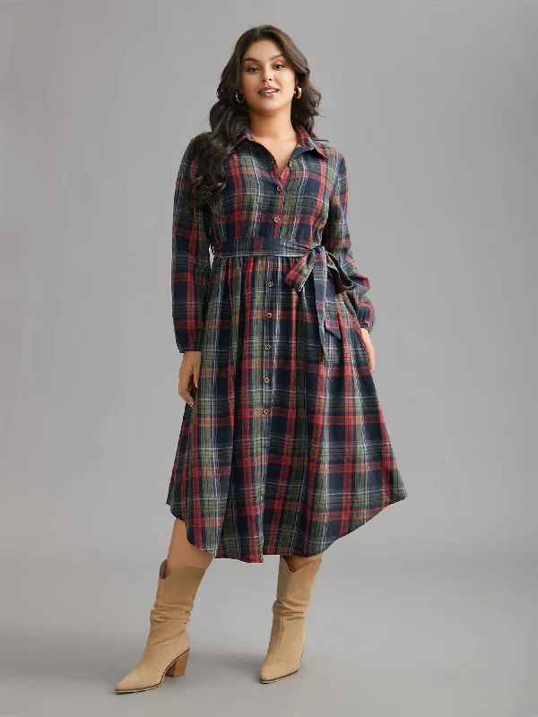 Everyday Wrap Dress with Adjustable Belt​ Plaid Button Detail Pocket Belted Arc Hem Dress