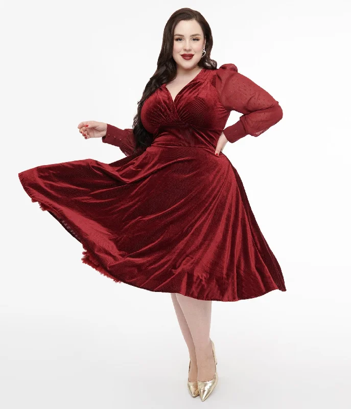 Everyday Dress with Coordinating Belt for a Polished Ensemble​ Unique Vintage Plus Size 1950s Berry Velvet Sheer Sleeve Delores Swing Dress