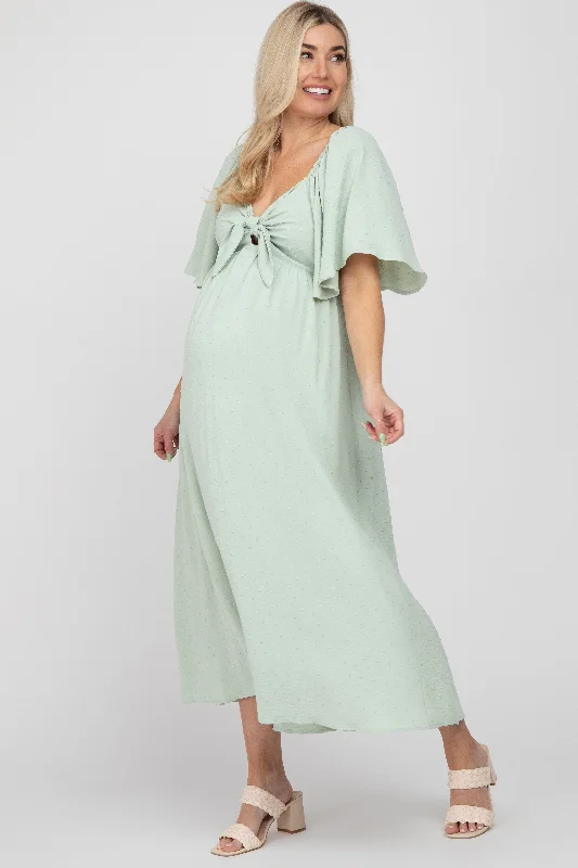 Maternity dress for a baby's first visit to the children's garden Mint Green Textured Dot Front Tie Ruffle Sleeve Maternity Midi Dress
