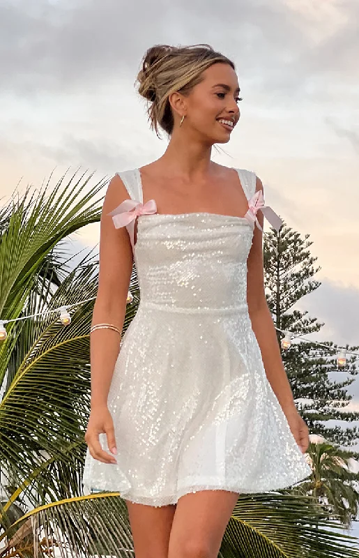 Mini dresses with asymmetric hems for a fashion - forward look Kairos White Sequin Mini Dress