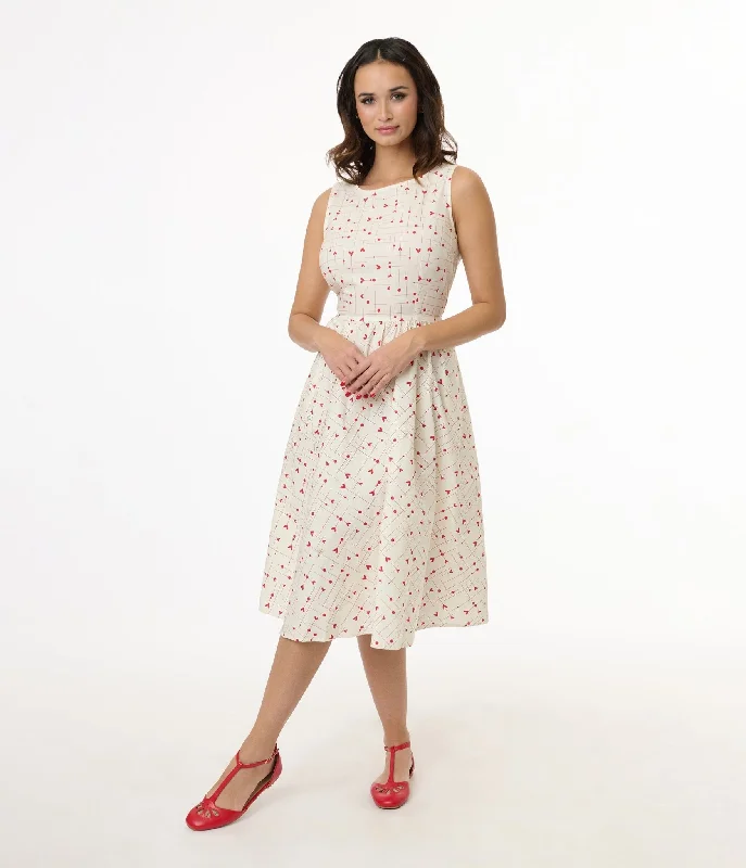 Everyday Dress with Shiny Metallic Thread for a Festive Feel​ Retrolicious 1950s White & Red Heart Cotton Be Mine Swing Dress