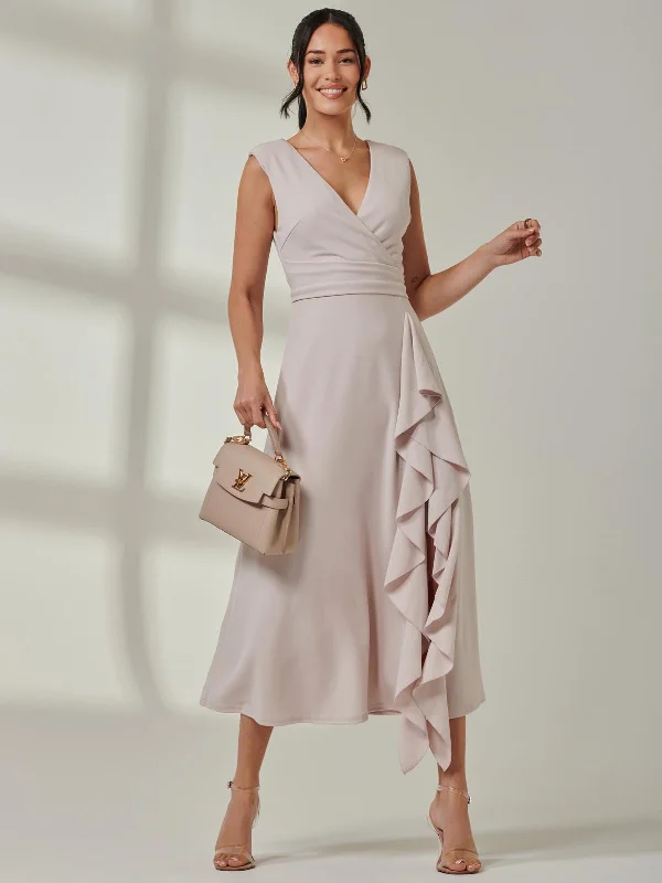 Midi dresses with gathered skirts for a full and flowing silhouette Wrap Front Frill Detail Maxi Dress, Dove Midi dresses with gathered skirts for a full and flowing silhouette Wrap Front Frill Detail Maxi Dress, Dove
