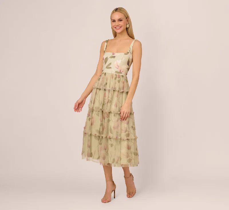 Sleeveless midi dresses with lace details for summer weddings Sleeveless Square Neck Floral Tiered Midi Dress In Green Multi Sleeveless midi dresses with lace details for summer weddings Sleeveless Square Neck Floral Tiered Midi Dress In Green Multi