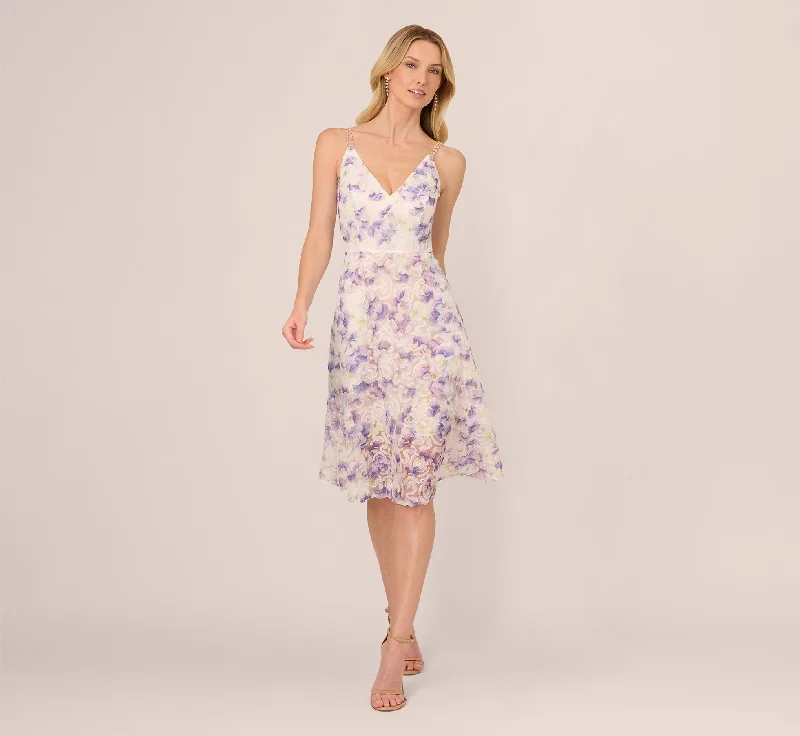 Midi dresses with belted waists to accentuate the figure Floral Tulle Soutache A Line Midi Dress With Embellished Straps In Ivory Multi Midi dresses with belted waists to accentuate the figure Floral Tulle Soutache A Line Midi Dress With Embellished Straps In Ivory Multi