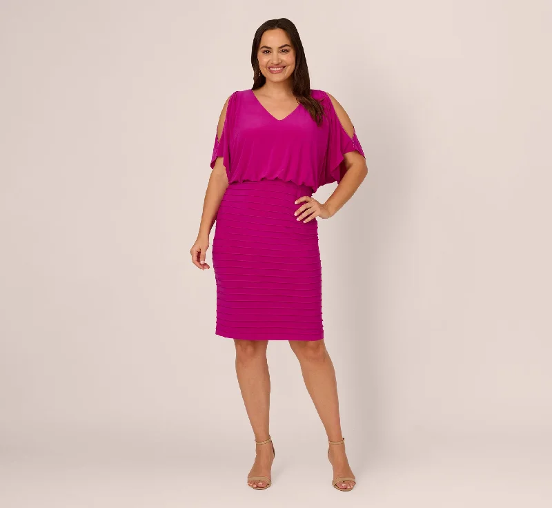  Plus Size Blouson Pintucked Dress With Cold Shoulder Sleeves In Hot Magenta