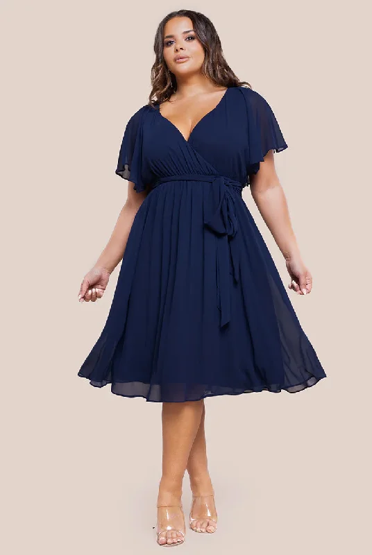 Midi dresses with pleated skirts for a timeless and elegant appeal Goddiva Plus Flutter Sleeve Wrap Midi Dress - Navy Blue Midi dresses with pleated skirts for a timeless and elegant appeal Goddiva Plus Flutter Sleeve Wrap Midi Dress - Navy Blue