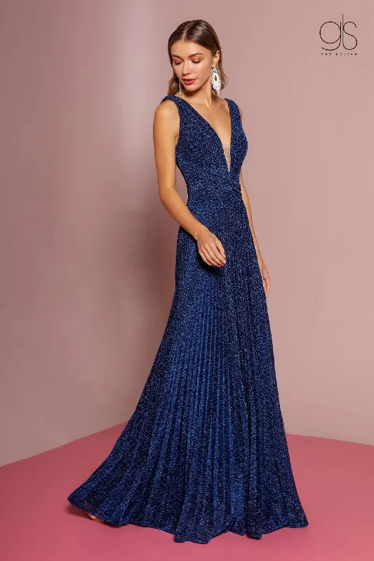 Plus - size wedding dresses with a flattering fit​ Long Formal Metallic Pleaded Prom Dress