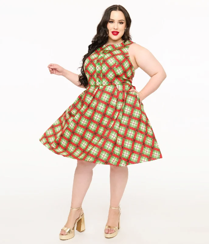 Everyday Shift Dress for Summer in Linen​ Retrolicious Plus Size 1950s Red Tartan Holiday Elizabeth Swing Dress