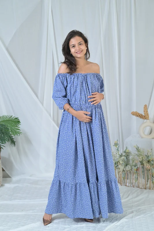 Maternity dress for a baby's first visit to the park playground Sea Blue Polka Off-Shoulder Maternity & Nursing Maxi Dress