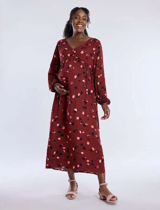Maternity dress for a winter wonderland event Long Sleeve Button Front Midi Dress