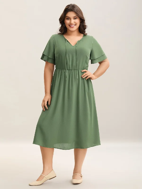 Everyday Dress with Personalized Embroidery for a One - of - a - Kind Look​ Split Neck Tie Layered Sleeve Midi Dress