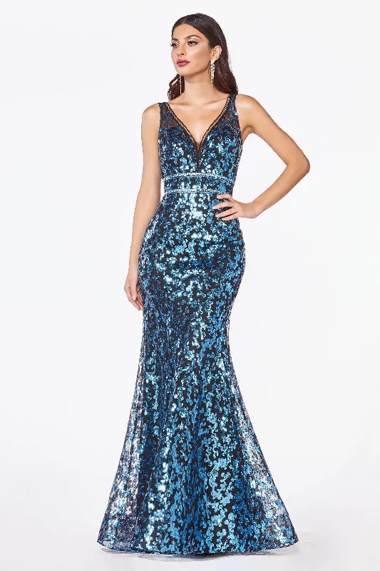 V - neck organza wedding dresses for a romantic touch​ Cinderella Divine CM9171 Long Formal Metallic Sequin Print Evening Prom Gown