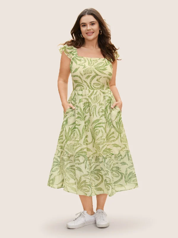 Everyday Dress with Open - back Design for a Modern Look​ Cotton Square Neck Floral Print Tiered Ruffles Dress