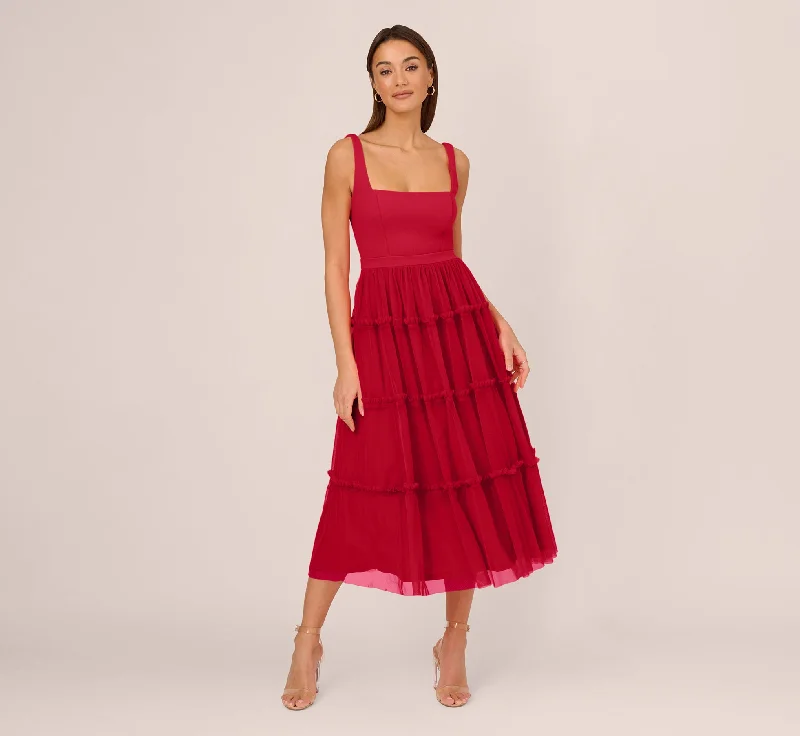 Midi dresses with pleated skirts for a timeless and elegant appeal Sleeveless Midi Dress With Square Neck And Tiered Skirt In Matador Red Midi dresses with pleated skirts for a timeless and elegant appeal Sleeveless Midi Dress With Square Neck And Tiered Skirt In Matador Red