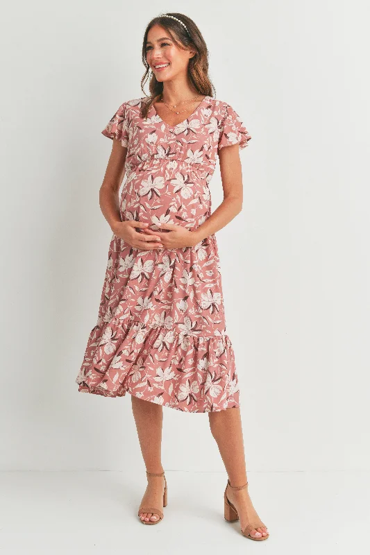 Bohemian style maternity dress for beach weddings Floral Midi Maternity V Neck Dress with Ruffled Hem