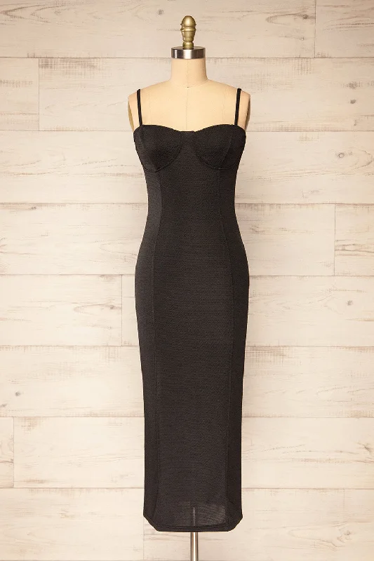 Mini dresses with pom - pom trims for a playful feel Suai Black | Fitted Midi Dress w/ Back Slit Mini dresses with pom - pom trims for a playful feel Suai Black | Fitted Midi Dress w/ Back Slit