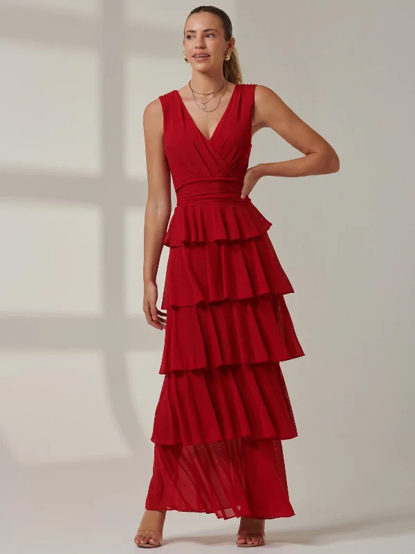 Midi dresses with asymmetric hems for a fashion - forward and dynamic appearance Plain Tiered Mesh Maxi Dress, Red Midi dresses with asymmetric hems for a fashion - forward and dynamic appearance Plain Tiered Mesh Maxi Dress, Red