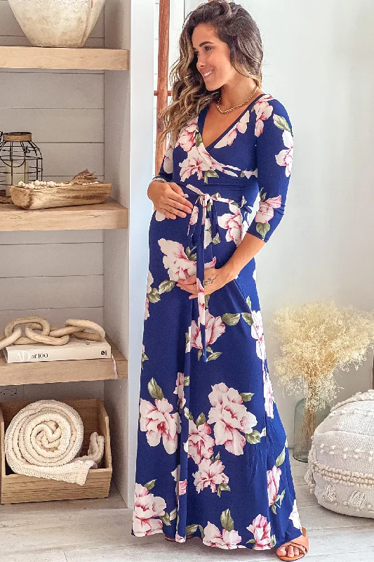 Maternity dress for a brunch with friends Navy and Pink Floral Maternity Maxi Dress with Tie