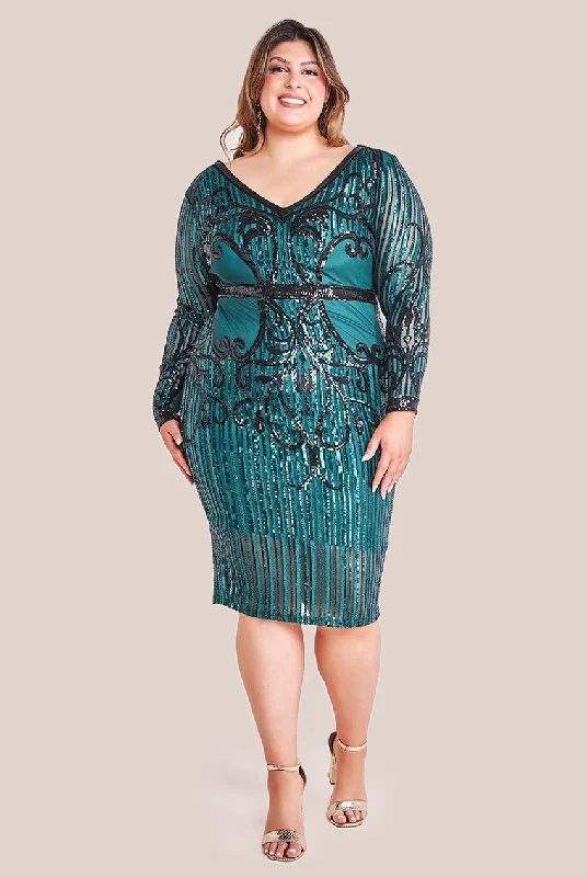 Midi dresses with cold - shoulder cutouts for a trendy style Goddiva Plus Sequin Mesh V Neck Midi Dress - Emerald Midi dresses with cold - shoulder cutouts for a trendy style Goddiva Plus Sequin Mesh V Neck Midi Dress - Emerald