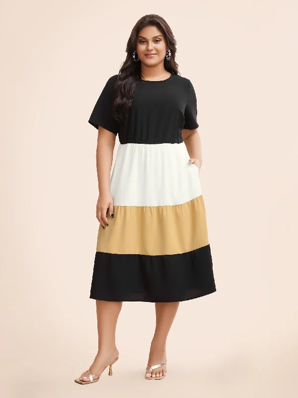  Contrast Belted Pocket Layered Hem Dolman Sleeve Dress