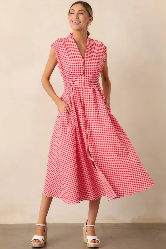 Dry - Clean - Only Casual Dresses for Delicate Fabrics​ The Evette Red Gingham Zip Front Midi Dress