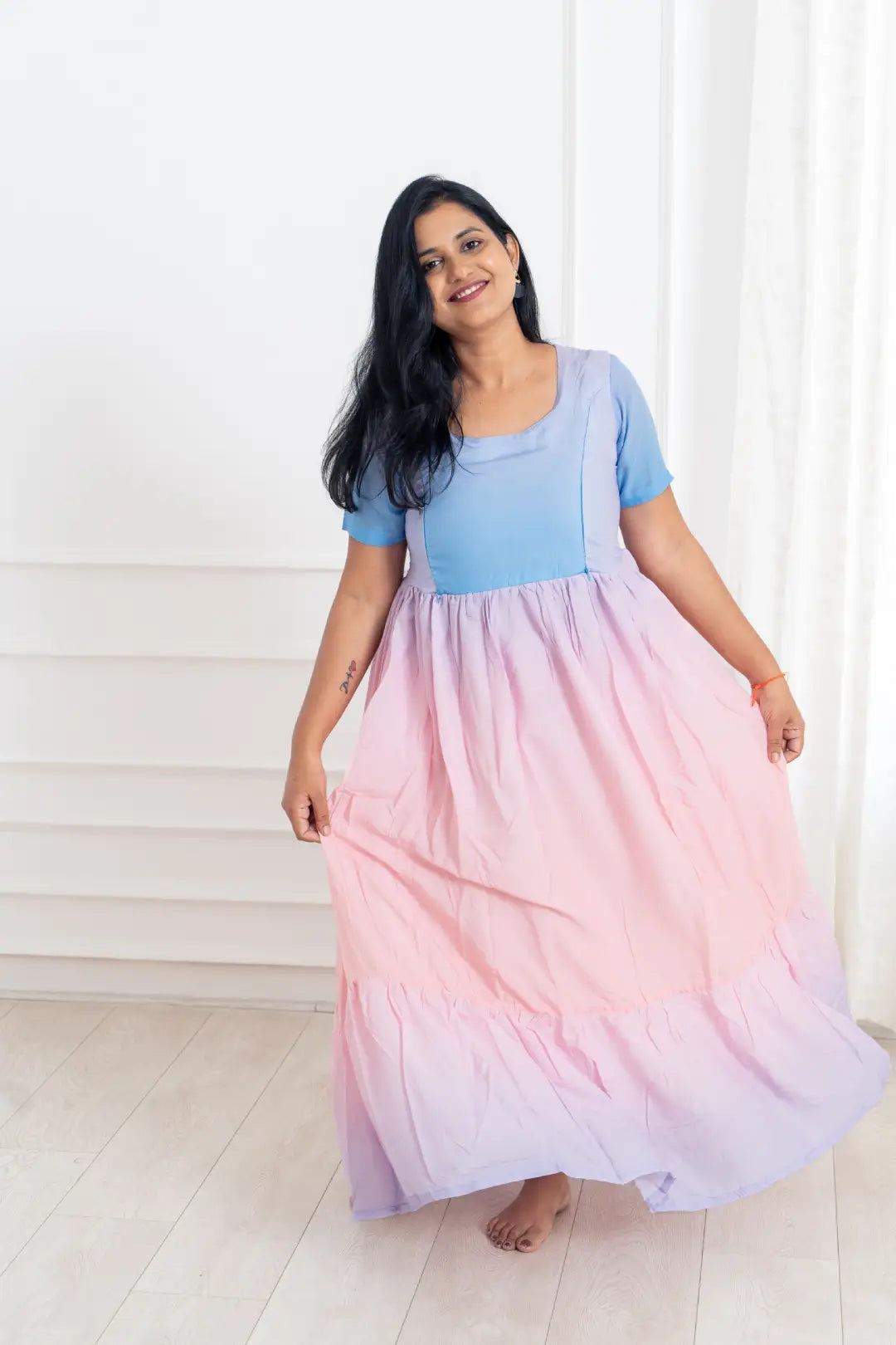 Maternity dress for a baby's first visit to the informal garden Ombre Breeze Feeding Dress