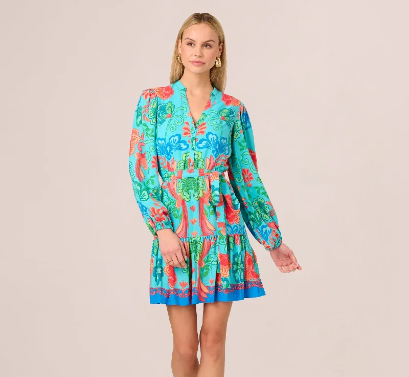  Long Sleeve Printed Flounce Dress In Blue Multi
