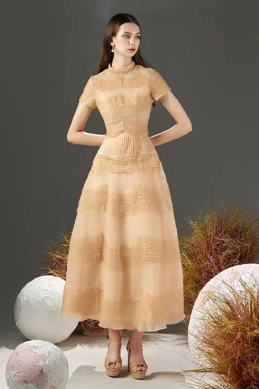 Midi dresses with puff sleeves for a vintage - inspired look Davie A-line Waist Pleated Organza Midi Dress Midi dresses with puff sleeves for a vintage - inspired look Davie A-line Waist Pleated Organza Midi Dress