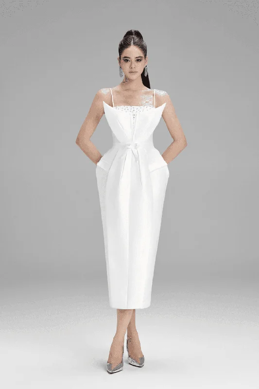 Midi dresses with off - the - shoulder necklines for a flirty look Aurora Pegged Spaghetti Strap Taffeta Midi Dress Midi dresses with off - the - shoulder necklines for a flirty look Aurora Pegged Spaghetti Strap Taffeta Midi Dress