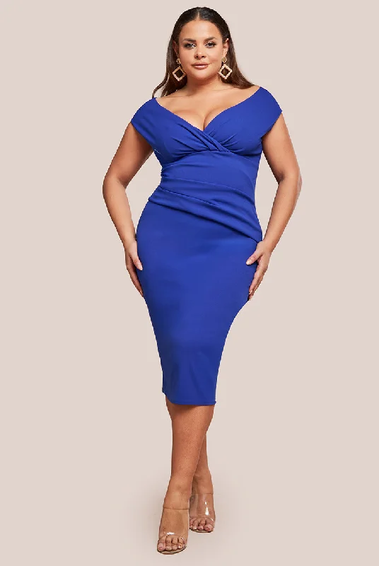 Midi dresses with satin - finish fabrics for a luxurious feel Scuba Bardot Pleated Midi Dress - Royalblue by Goddiva Plus Midi dresses with satin - finish fabrics for a luxurious feel Scuba Bardot Pleated Midi Dress - Royalblue by Goddiva Plus