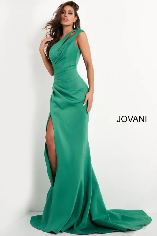 Vintage - themed wedding dresses with pearl accents​ Jovani 04222 One Shoulder Long Mermaid Gown