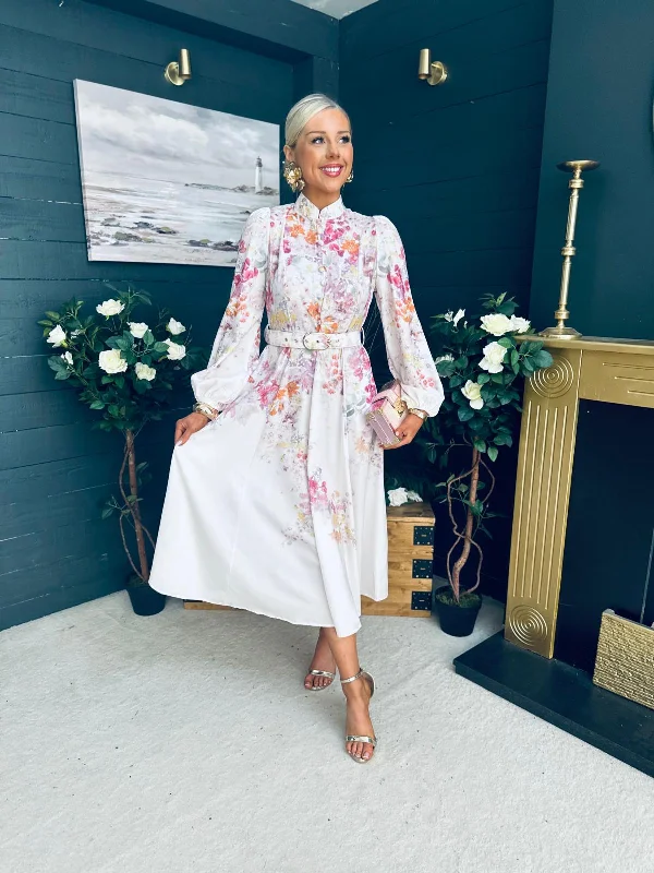 Mallory Detailed Occasion Dress Floral Cream