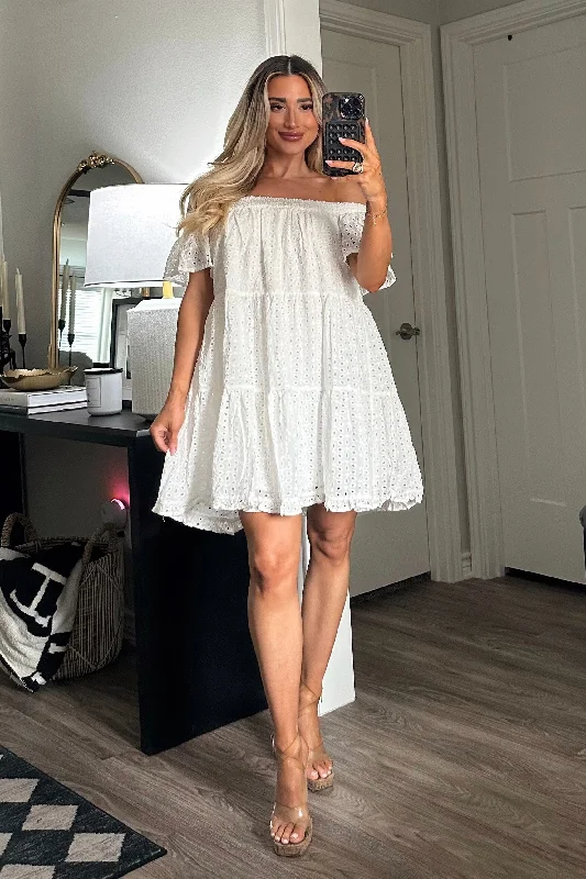 Abstract - Printed Casual Dresses for a Contemporary Vibe​ Kinsley Off Shoulder Eyelet Dress: White
