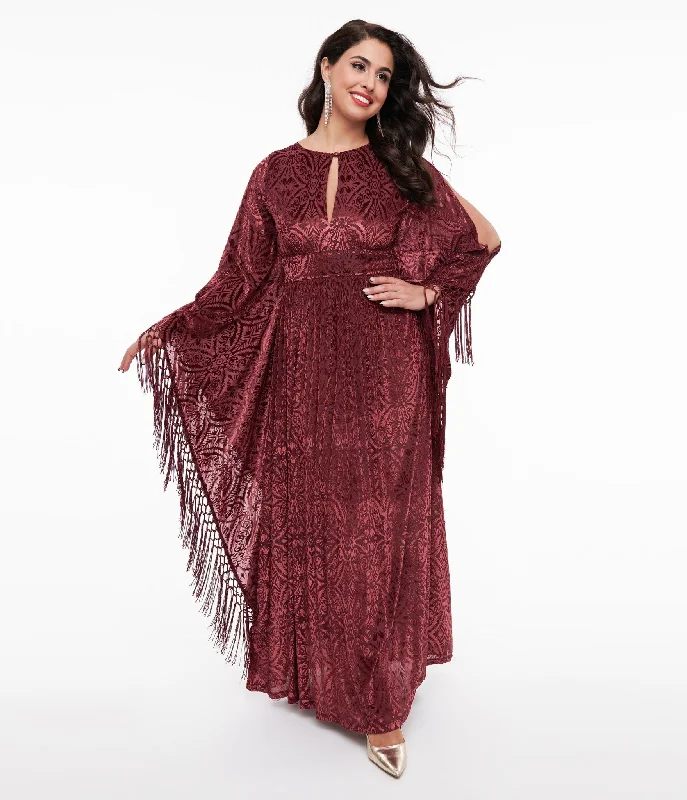 Everyday Dress with V - neck for a Flattering Fit​ Unique Vintage 1960s Burgundy Velvet Burnout Caftan