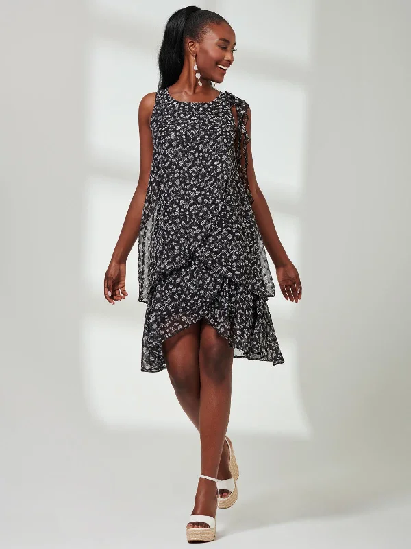 Midi dresses with asymmetric hems for a fashion - forward and dynamic appearance Frill Chiffon Mini Swing Dress, Black Ditsy