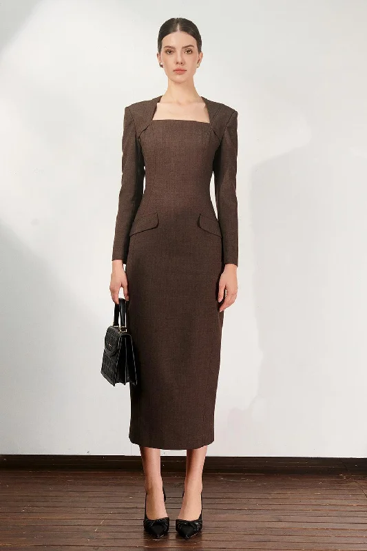 Midi dresses with ruched bodices for a feminine and fitted feel Azaria Pencil Queen Anne Neck Polycotton Midi Dress