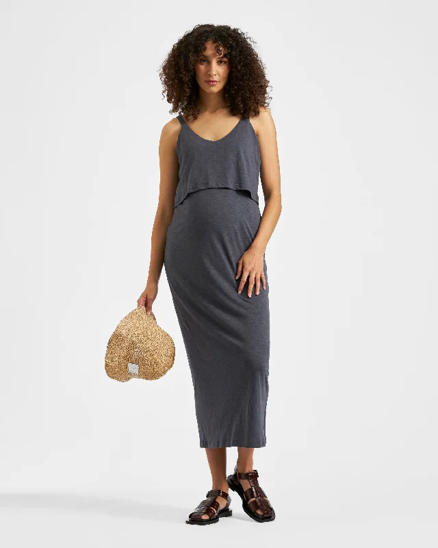 Maternity dress for a baby's first visit to the herb garden Kerry Nursing Dress  Slate