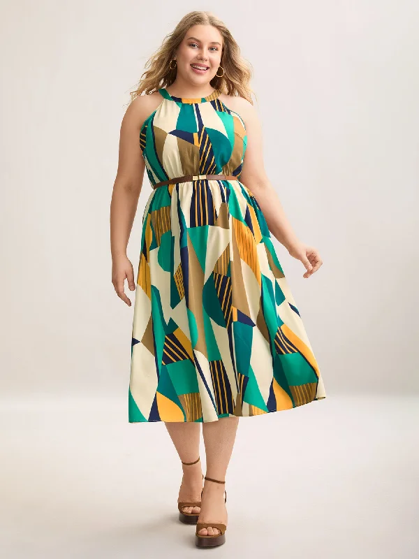 Children's Everyday Dress in Soft Jersey​ Abstract Print Halter Neck Pockets Midi Dress