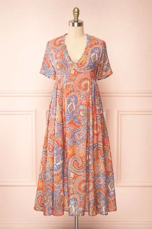 Sheer mini dresses with lace inserts Percie | Paisley Midi Dress w/ Short Sleeves