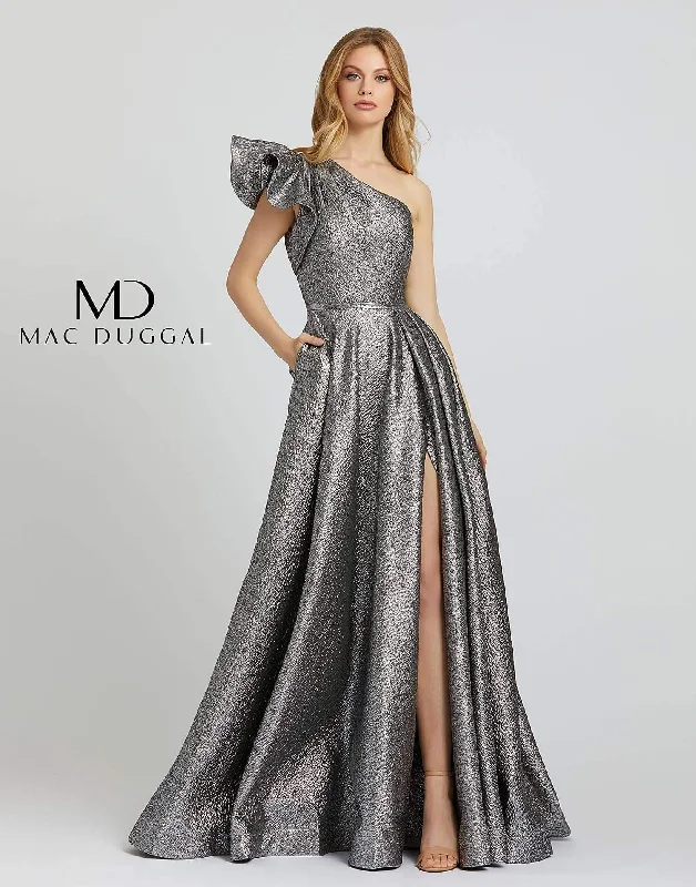 One - shoulder wedding dresses with a flowing sleeve​ Mac Duggal 67297 Long Metallic Prom Ball Gown