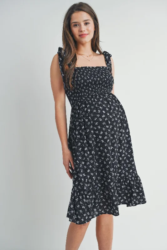 Maternity dress for a baby's first visit to the Japanese garden Floral Smocked Tie Shoulder Maternity Dress