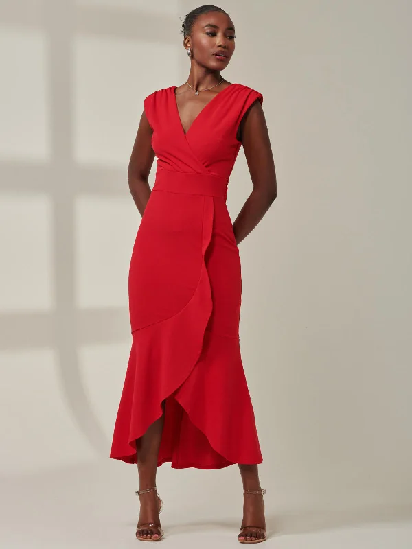 Midi dresses with ruched sleeves for a more fitted and stylish arm look Tara Sleeveless Draped Maxi Dress, Red Midi dresses with ruched sleeves for a more fitted and stylish arm look Tara Sleeveless Draped Maxi Dress, Red