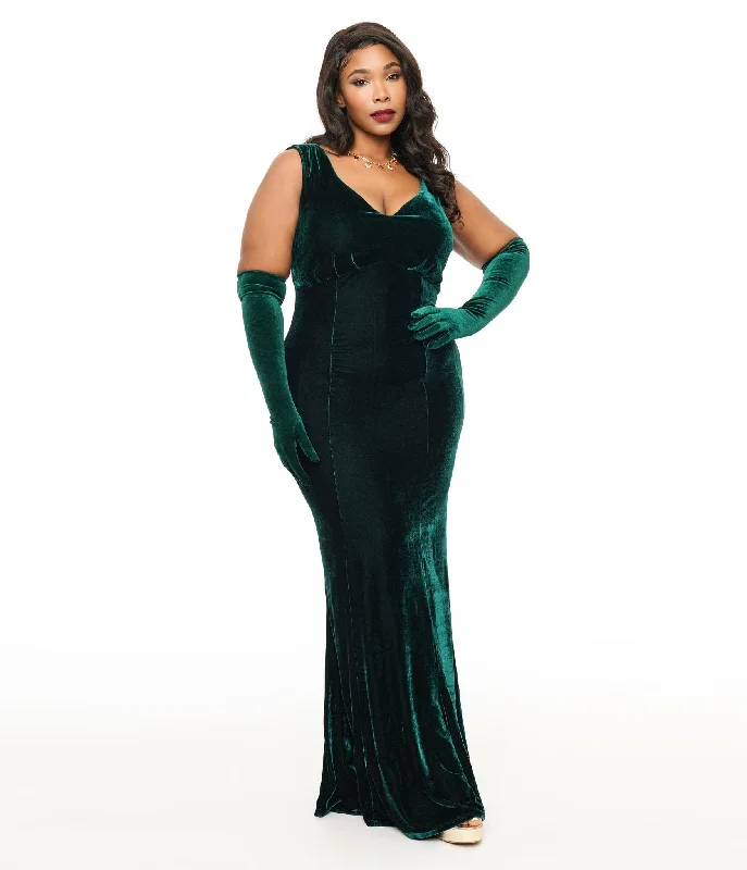 Everyday Velvet Dress with Ribbon Trim for Special Occasions​ Unique Vintage Plus Size 1930s Emerald Green Velvet Goldwyn Gown