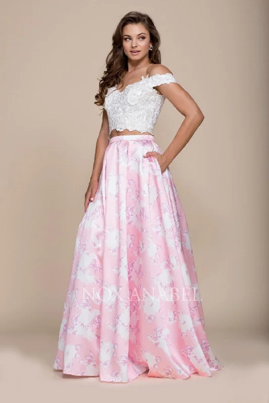 Square - neck wedding dresses with a demure look​ Long Two Piece Floral Print Prom Dress