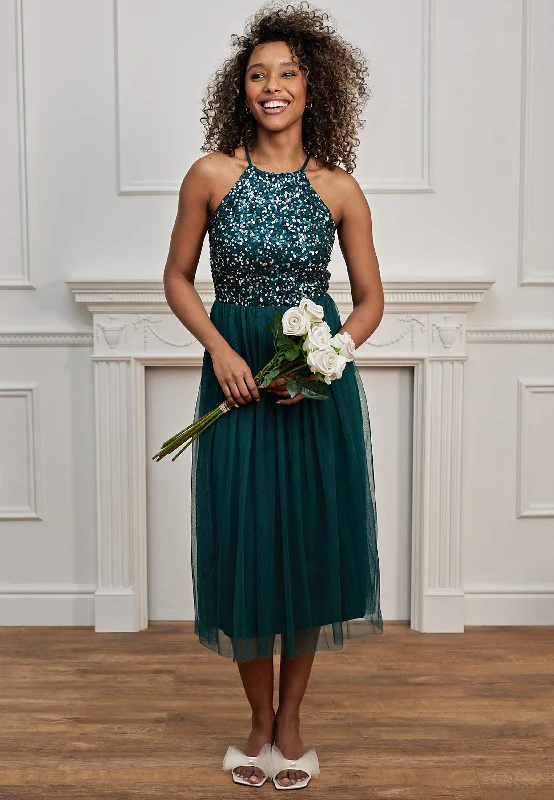 Midi dresses with satin - finish fabrics for a luxurious feel Angeleye Embellished Halterneck Sequin Midi Dress In Emerald Green Midi dresses with satin - finish fabrics for a luxurious feel Angeleye Embellished Halterneck Sequin Midi Dress In Emerald Green