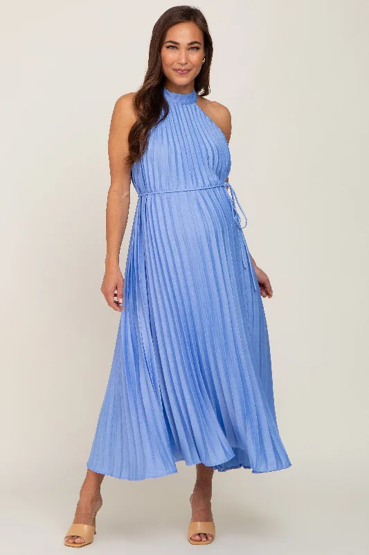 Maternity dress for a baby's naming ceremony Light Blue Pleated Maternity Halter Dress